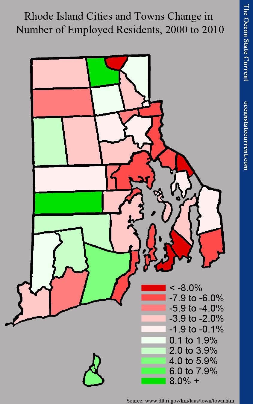 Rhode Island Cities and Towns Change in Number of Employed Residents, 2000 and 2010