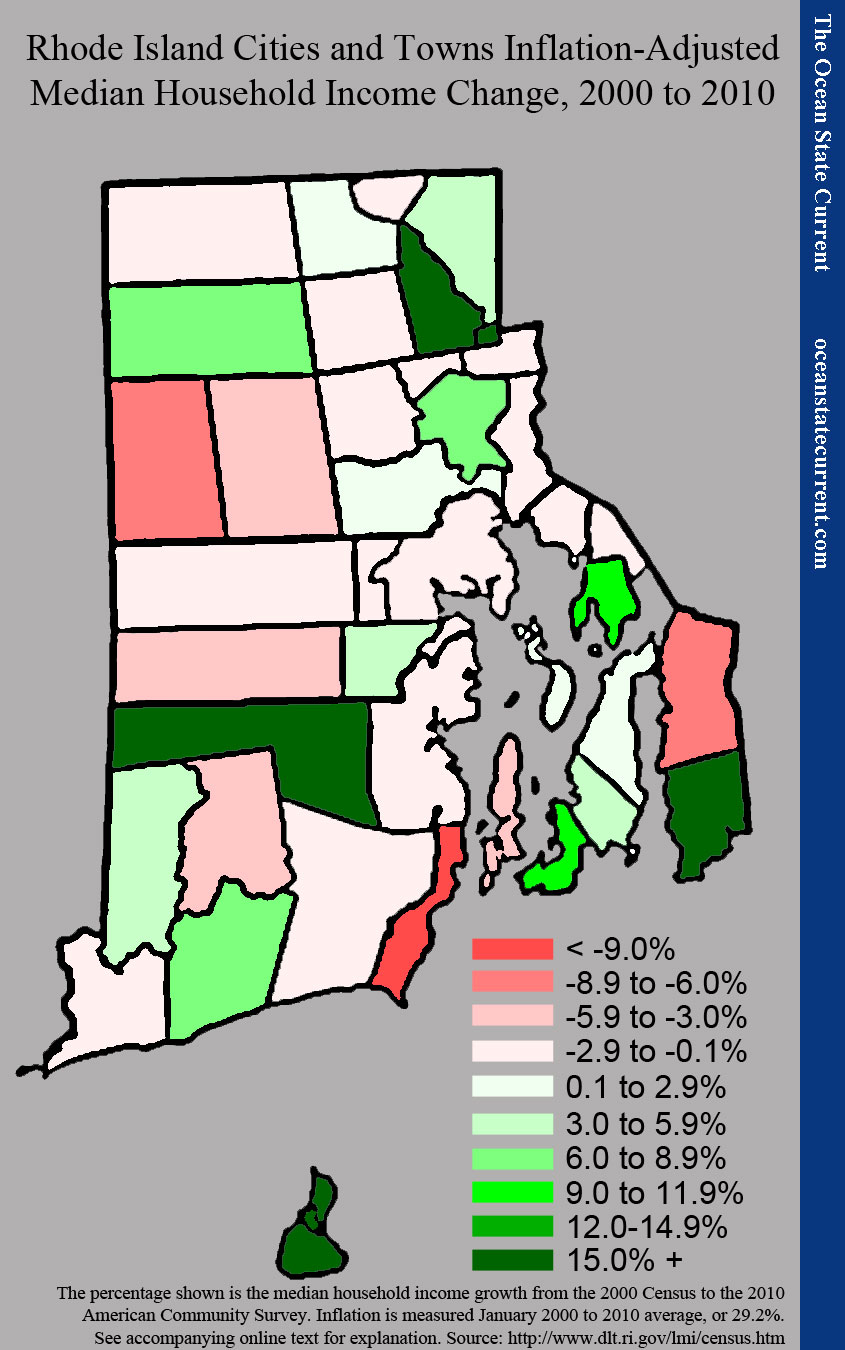 Rhode Island Cities and Towns Inflation-Adjusted Median Household Income Change, 2000 to 2010
