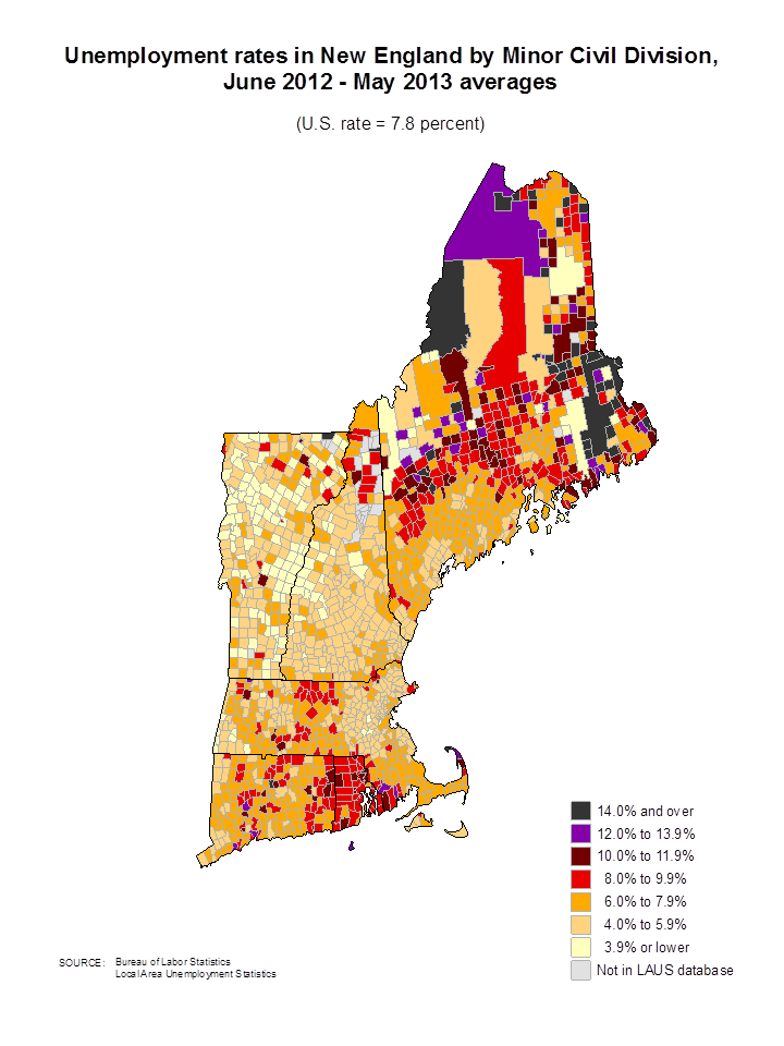 New England Unemployment by County, June 2012 to May 2013 Average