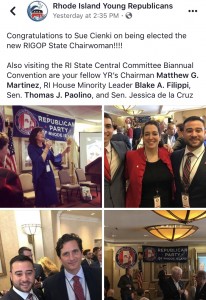 Congratulations to Sue Cienki on being elected the new RIGOP State Chairwoman!!!! Also visiting the RI State Central Committee Biannual Convention are your fellow YR’s Chairman Matthew G. Martinez, RI House Minority Leader Blake A. Filippi, Sen. Thomas J. Paolino, and Sen. Jessica de la Cruz