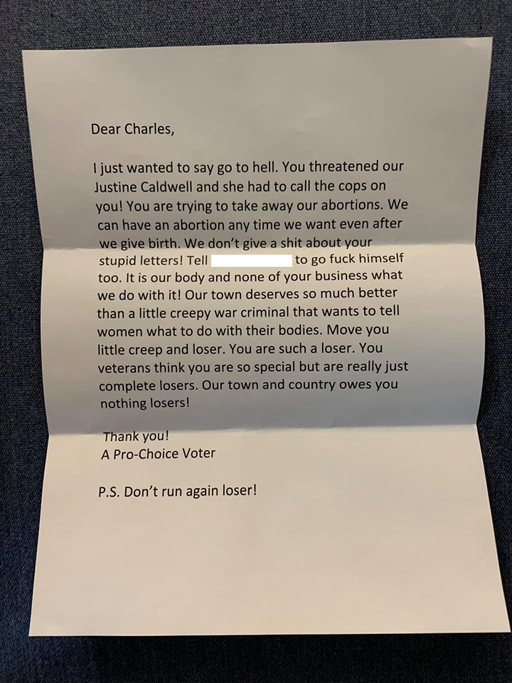 Progressive Hate Letter sent to Chad Callanan
