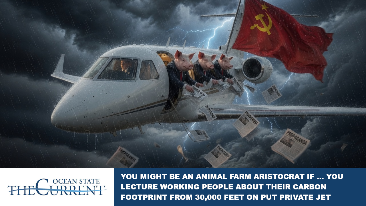 YOU MIGHT BE AN ANIMAL FARM ARISTOCRAT IF … YOU LECTURE WORKING PEOPLE ABOUT THEIR CARBON FOOTPRINT FROM 30,000 FEET ON PUT PRIVATE JET TO THE NEXT CLIMATE SUMMIT.